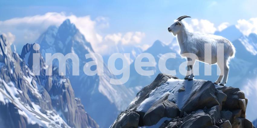 Goat climbing on top of mountain background - Ai Generated