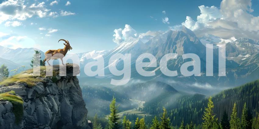 Goat climbing on top of mountain background - Ai Generated