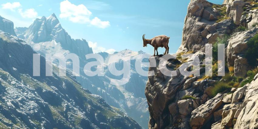 Goat climbing on top of mountain background - Ai Generated