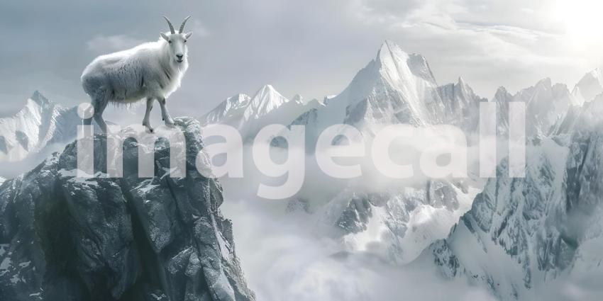 Goat climbing on top of mountain background - Ai Generated