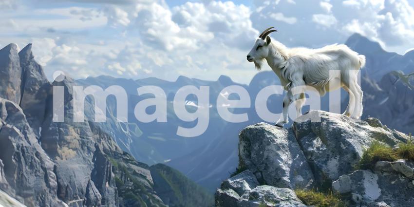 Goat climbing on top of mountain background - Ai Generated