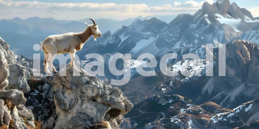 Goat climbing on top of mountain background - Ai Generated