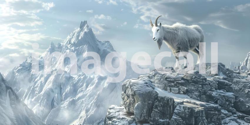 Goat climbing on top of mountain background - Ai Generated
