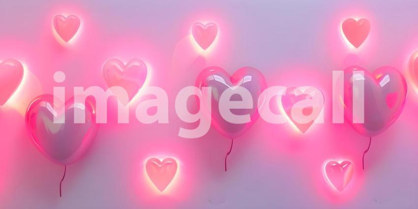 Neon pink hearts on white background - Ai Generated