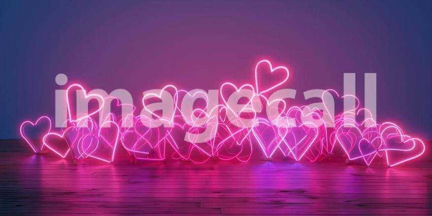 Neon pink hearts on white background - Ai Generated