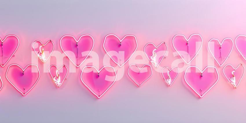 Neon pink hearts on white background - Ai Generated