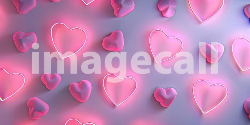 Neon pink hearts on white background - Ai Generated