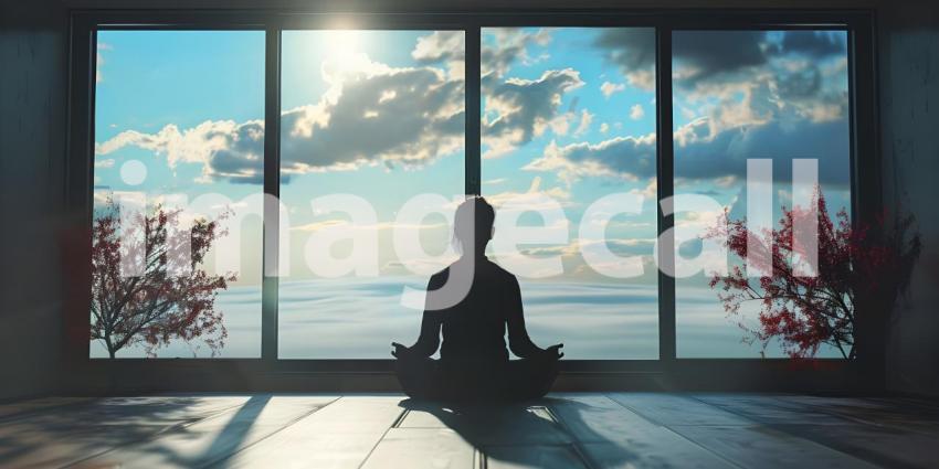 Person sitting on the floor in front of a window background - Ai Generated