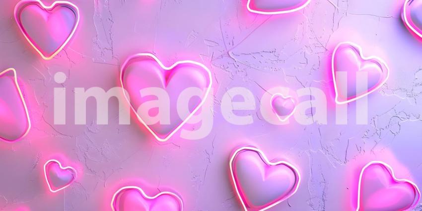Neon pink hearts on white background - Ai Generated