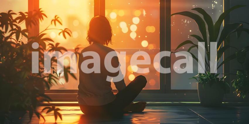 Person sitting on the floor in front of a window background - Ai Generated