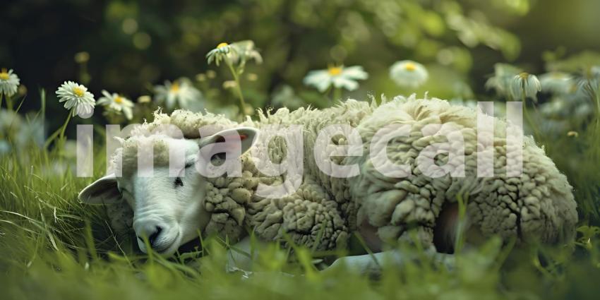 Sheep Sleeps on the grass background - Ai Generated