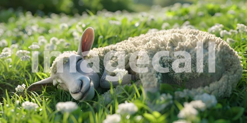 Sheep Sleeps on the grass background - Ai Generated