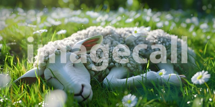Sheep Sleeps on the grass background - Ai Generated