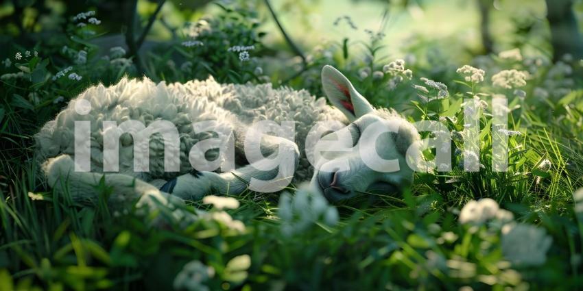 Sheep Sleeps on the grass background - Ai Generated