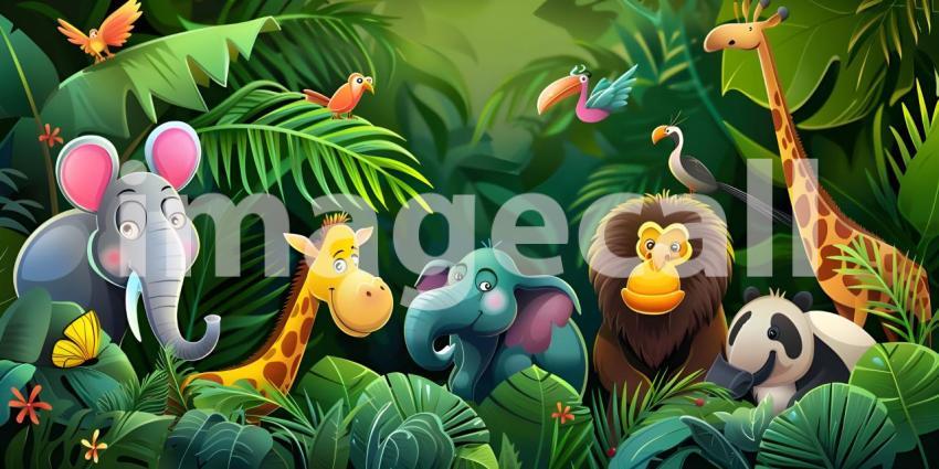Tropical background with cartoon jungle animals background - Ai Generated