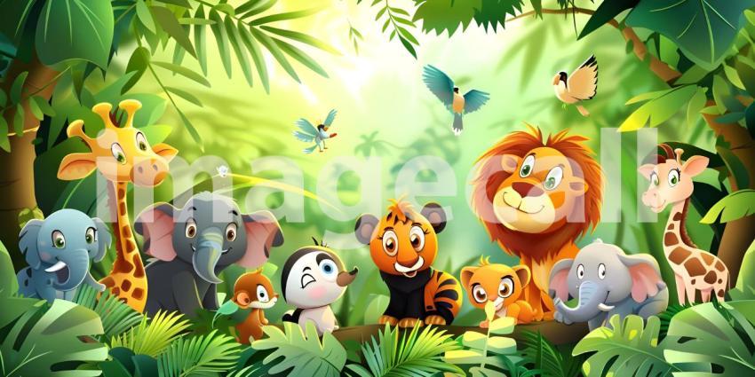 Tropical background with cartoon jungle animals background - Ai Generated