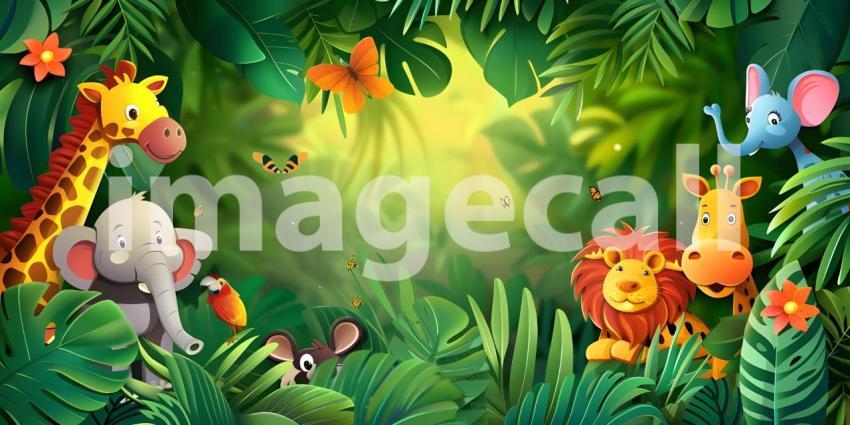 Tropical background with cartoon jungle animals background - Ai Generated