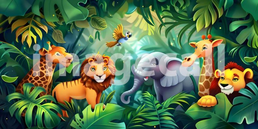 Tropical background with cartoon jungle animals background - Ai Generated