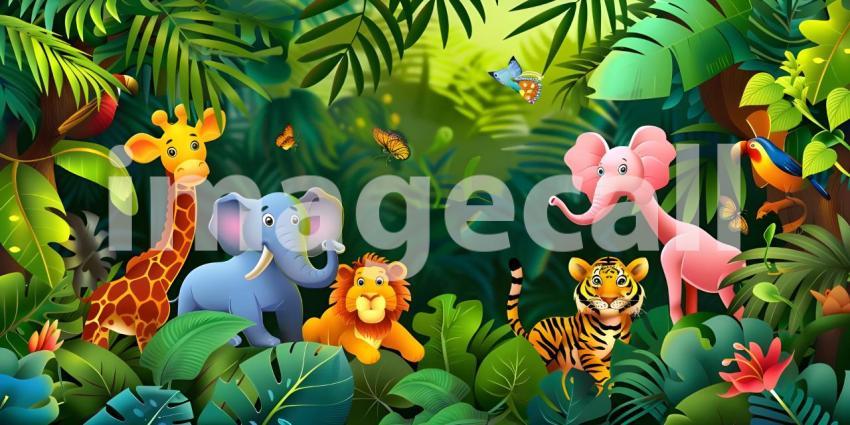 Tropical background with cartoon jungle animals background - Ai Generated