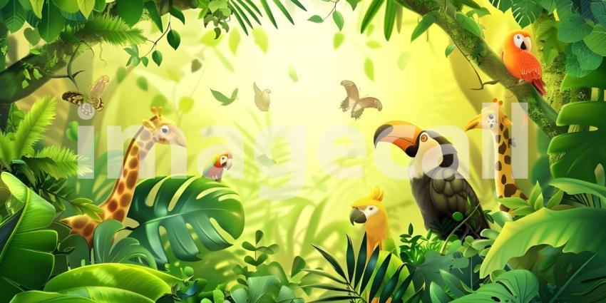 Tropical background with cartoon jungle animals background - Ai Generated