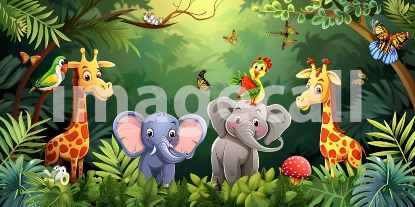 Tropical background with cartoon jungle animals background - Ai Generated