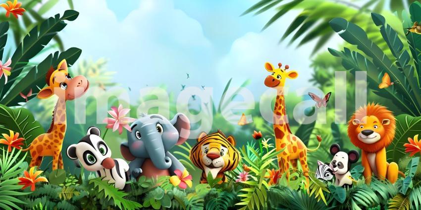 Tropical background with cartoon jungle animals background - Ai Generated
