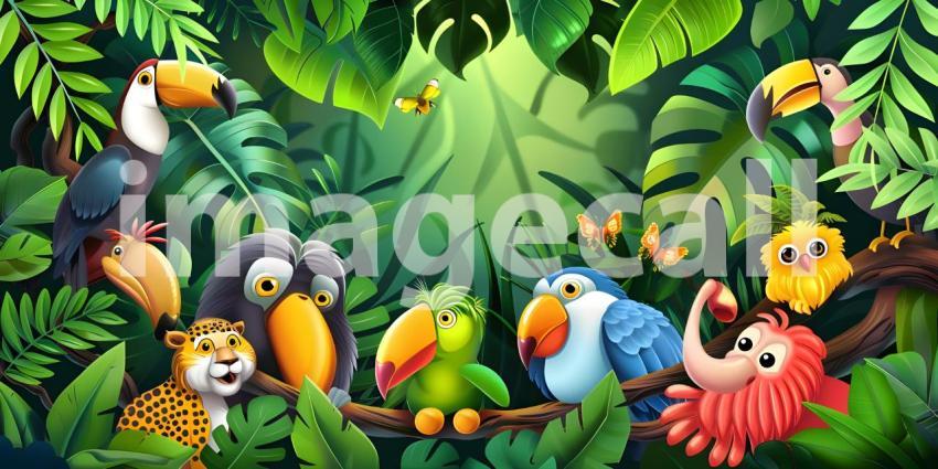 Tropical background with cartoon jungle animals background - Ai Generated