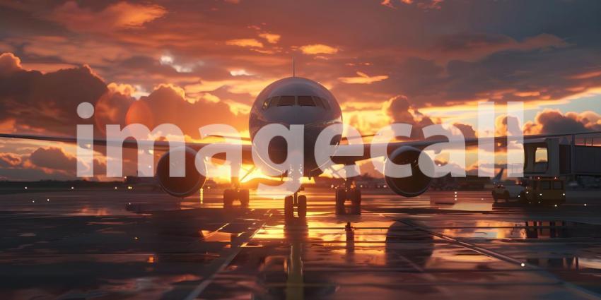 Airplane before takeoff from the airport at sunset background -