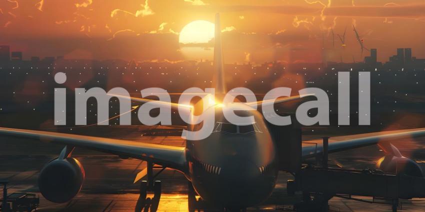 Airplane before takeoff from the airport at sunset background -