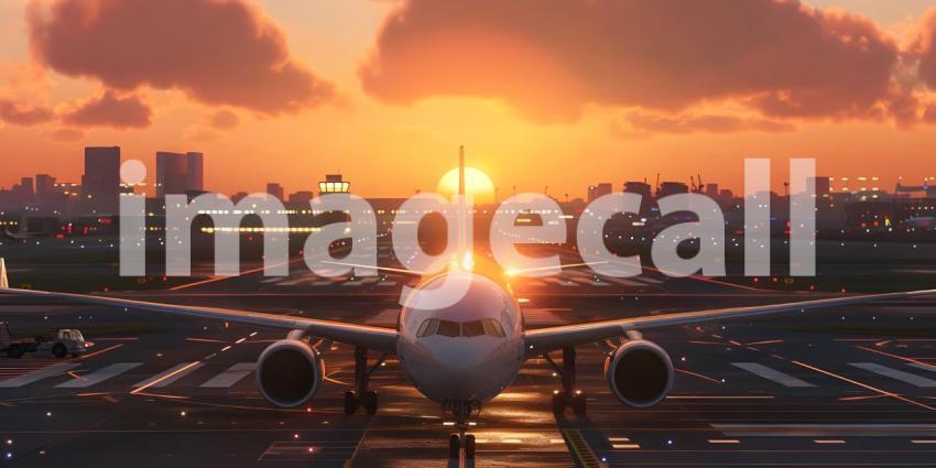 Airplane before takeoff from the airport at sunset background -