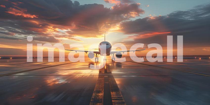 Airplane before takeoff from the airport at sunset background -