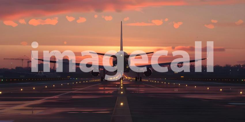 Airplane before takeoff from the airport at sunset background -