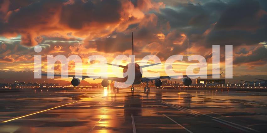 Airplane before takeoff from the airport at sunset background -