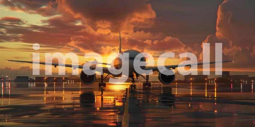 Airplane before takeoff from the airport at sunset background -