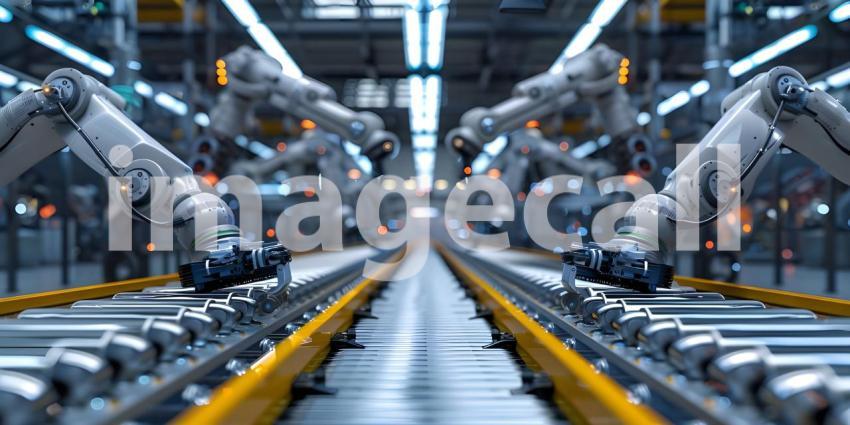 Automated Robot Arm Assembly Line Manufacturing background - Ai