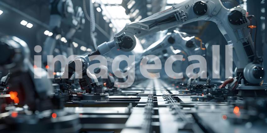 Automated Robot Arm Assembly Line Manufacturing background - Ai