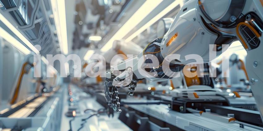 Automated Robot Arm Assembly Line Manufacturing background - Ai