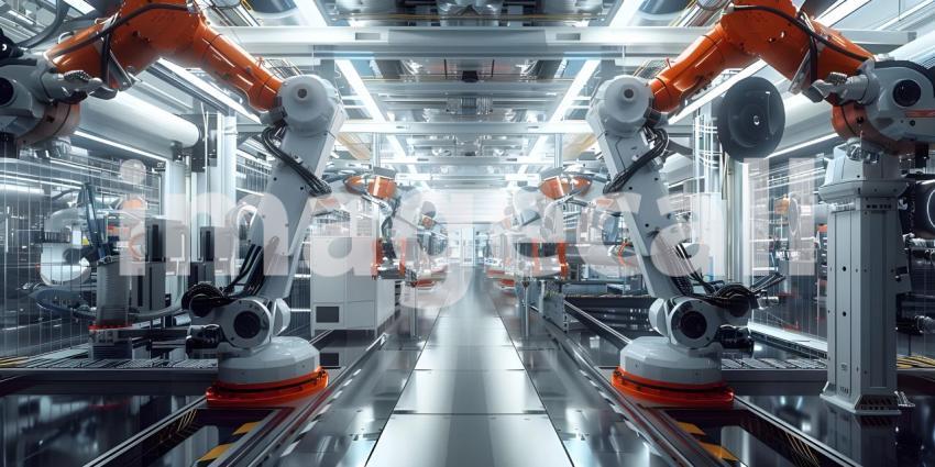 Automated Robot Arm Assembly Line Manufacturing background - Ai