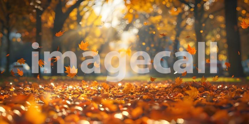 Autumn scene with Trees and leaves in sun light background - Ai