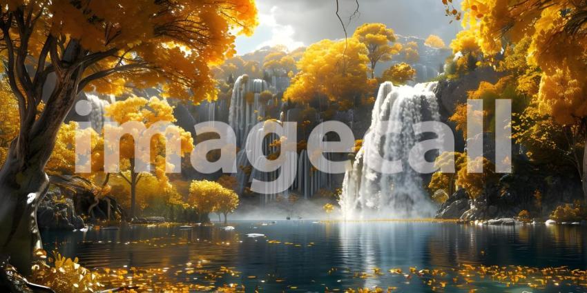 Autumn scene with Trees and leaves in sun light background - Ai