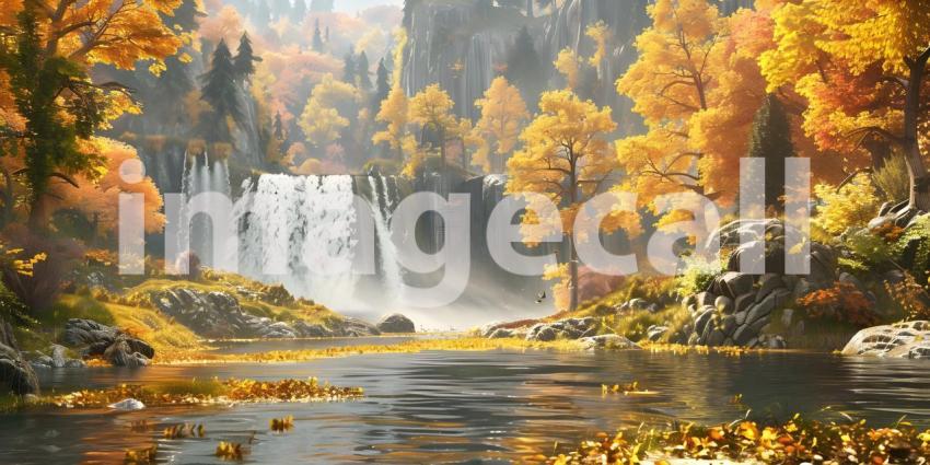 Autumn scene with Trees and leaves in sun light background - Ai