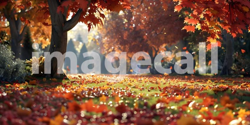 Autumn scene with Trees and leaves in sun light background - Ai