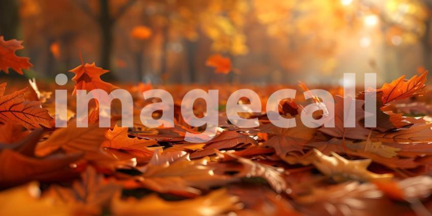 Autumn scene with Trees and leaves in sun light background - Ai