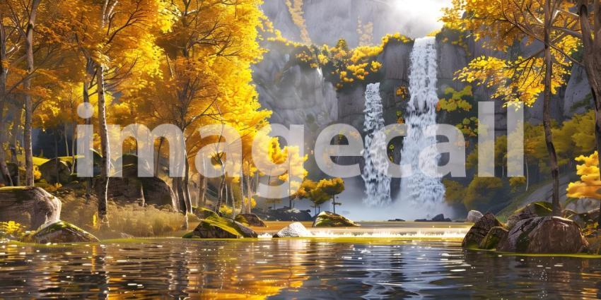 Autumn scene with Trees and leaves in sun light background - Ai