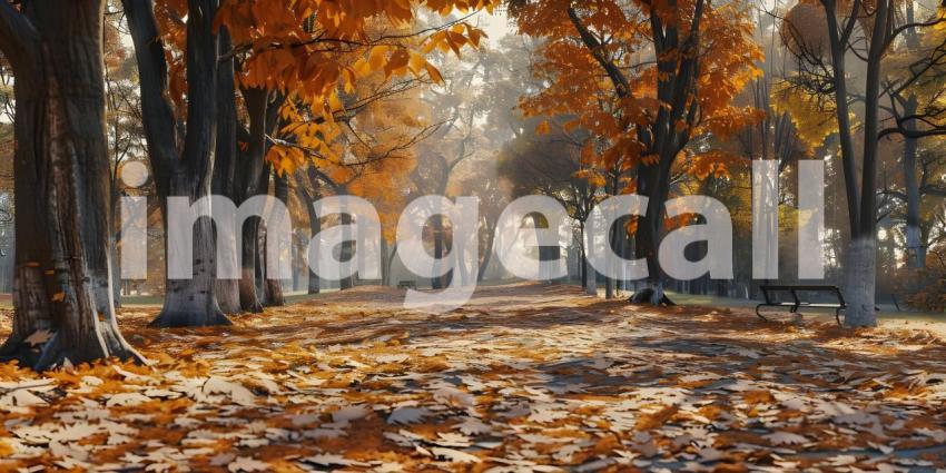 Autumn scene with Trees and leaves in sun light background - Ai