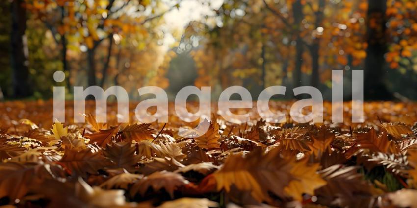 Autumn scene with Trees and leaves in sun light background - Ai