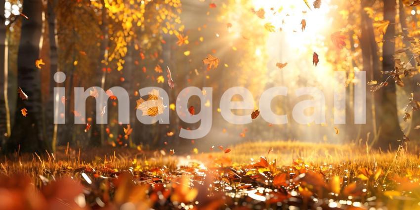 Autumn scene with Trees and leaves in sun light background - Ai