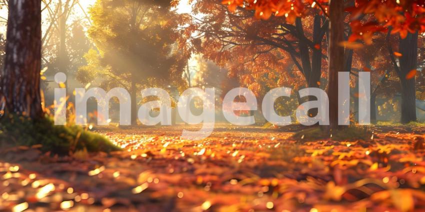Autumn scene with Trees and leaves in sun light background - Ai