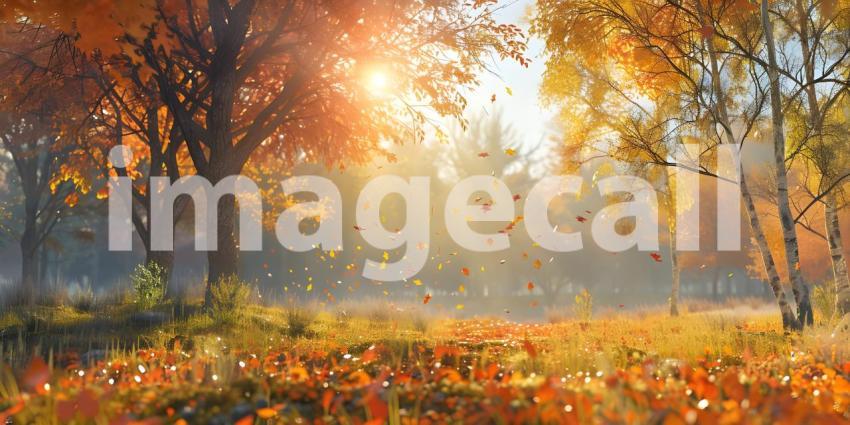 Autumn scene with Trees and leaves in sun light background - Ai