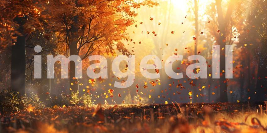 Autumn scene with Trees and leaves in sun light background - Ai